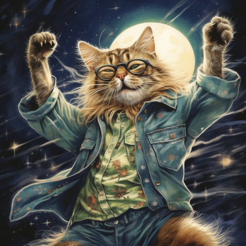 Crazy cat with glasses dancing in moonlight