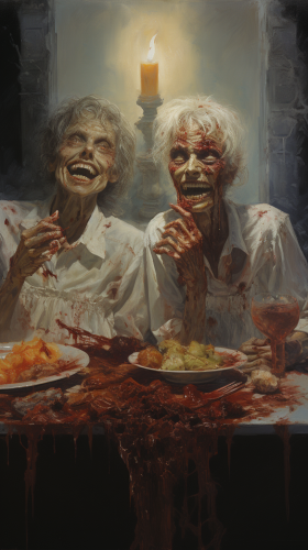 Creepy Zombies Eating Meat in Cemetery at Night Creepy Zombies Eating Meat in Cemetery at Night