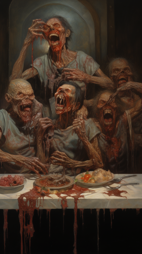 Creepy zombies eating meat chains