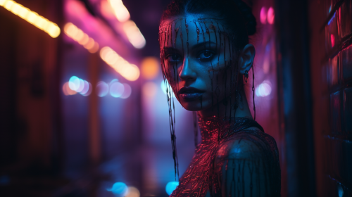 Creepy woman with neon lights skin at night
