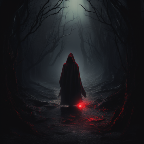 Lone figure in red robe walking down dark path