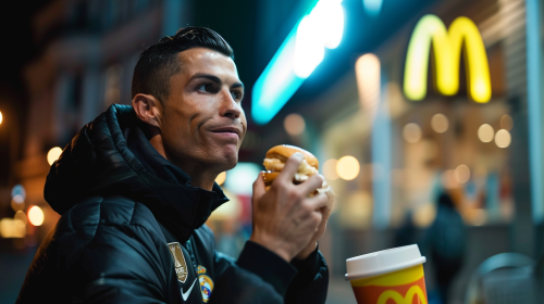 Cristiano Ronaldo in Nike clothing eating McDonald's