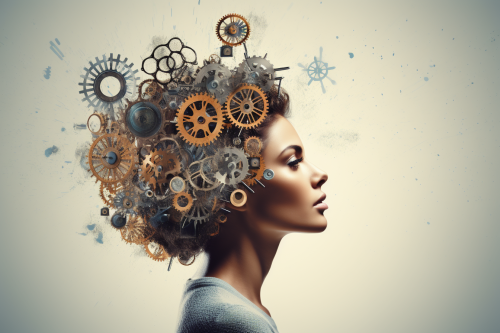 Woman deeply thinking with gears and arrows Woman deeply thinking with gears and arrows