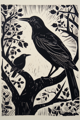 Black and white linocut print of a crow and stag beetle. Black and white linocut print of a crow and stag beetle.