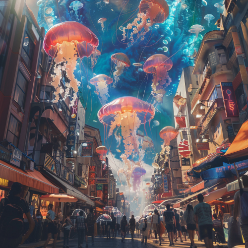 Colorful jellyfish above alien street Colorful jellyfish above alien street