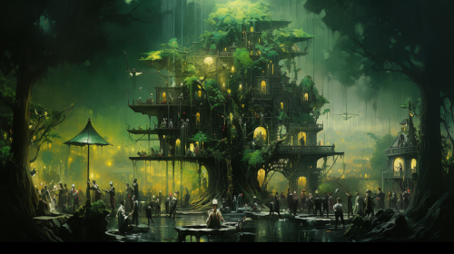 Crowded Arborium with Well-Dressed Cyborg Visitors Crowded Arborium with Well-Dressed Cyborg Visitors