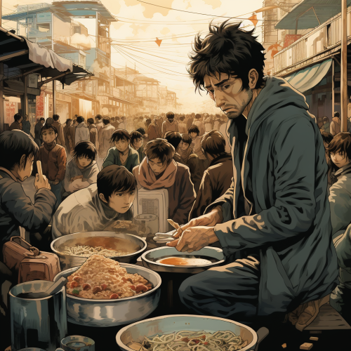 Busy flea market with manga-inspired atmosphere