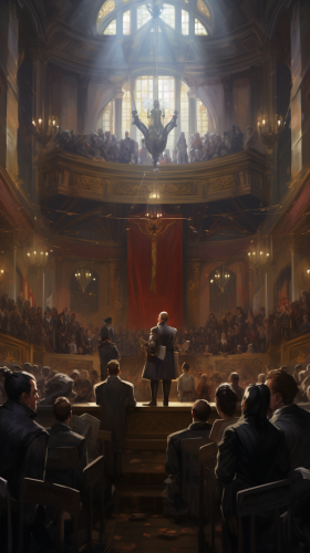 Busy court scene with dramatic lighting