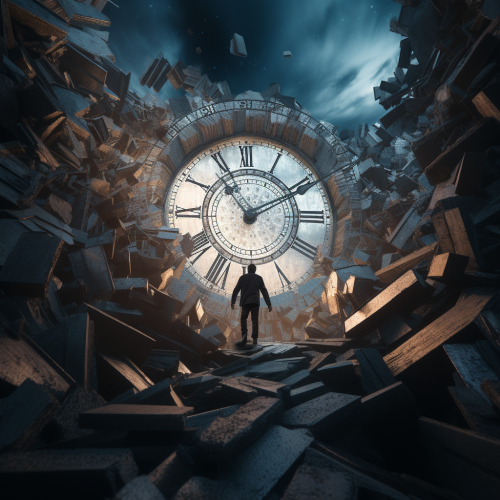 Person climbing crumbling staircase towards clock