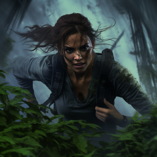 Fuzzy phone picture of Lara Croft running into the bushes