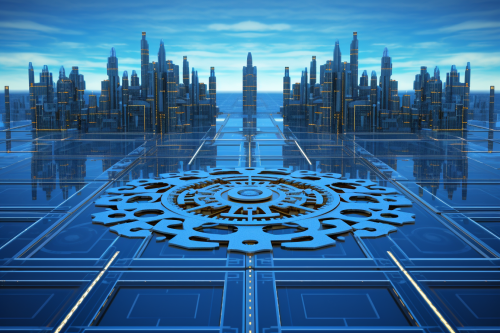 Intricate crystalline gear with neon shadow