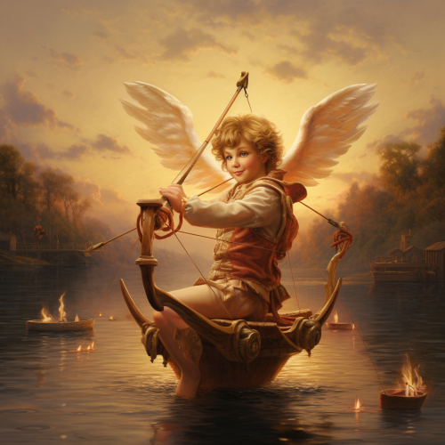 Realistic Cupid Fireman Shooting Love Arrow on Boat Lake