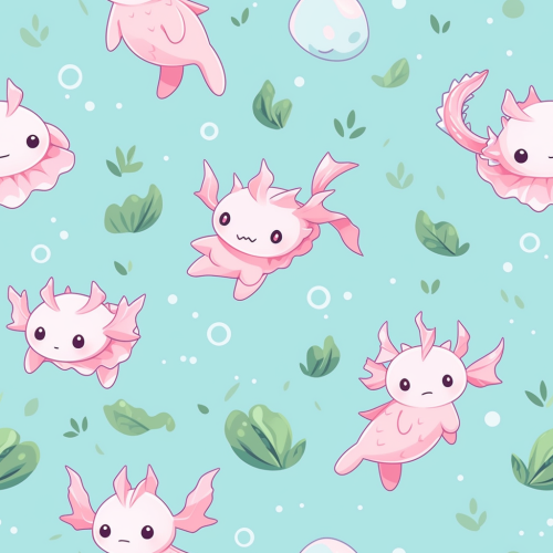 Cute axolotls swimming in Niji tile pattern