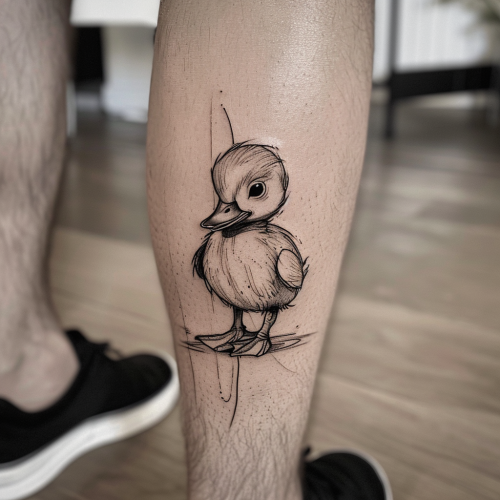 Baby duckling tattoo on man's leg