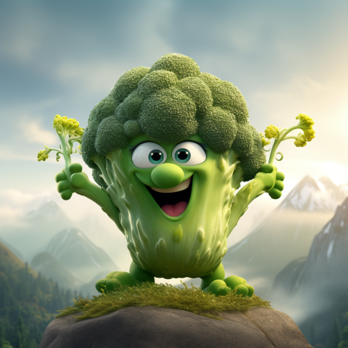 Cute broccoli moving a mountain with hands