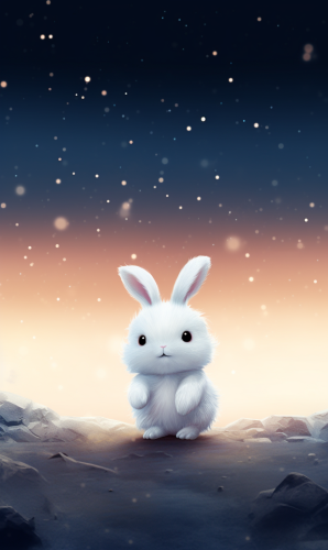 Cute cartoon bunny on a meteoroid in a nebulous galactic scene