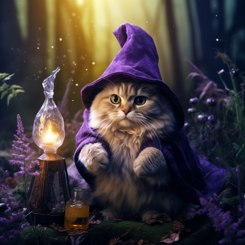 Cute cat in wizard costume creating purple potion Cute cat in wizard costume creating purple potion