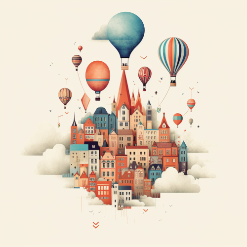 Cute Cities Flying Balloon Illustration