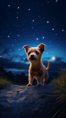 Cute dog running in vibrant night sky Cute dog running in vibrant night sky