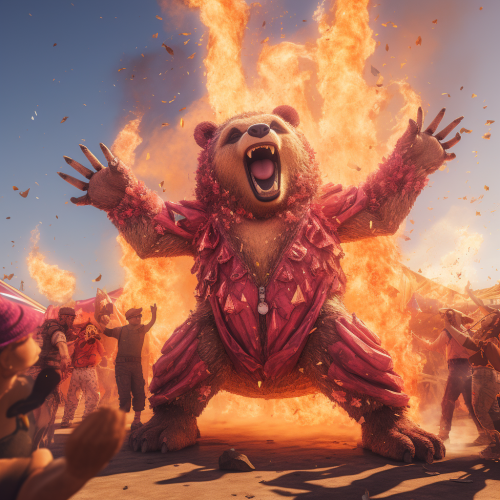 Colorful furries dancing by burning bear sculpture