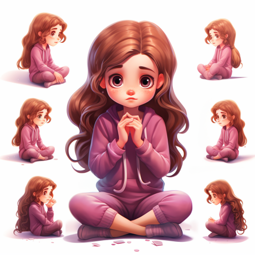 Cute girl with brown long wavy hair and colorful outfit