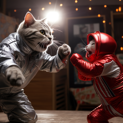 Grey tabby cat fighting with young adult