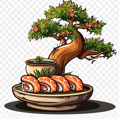 Adorable logo with sushi growing on a bonsai tree