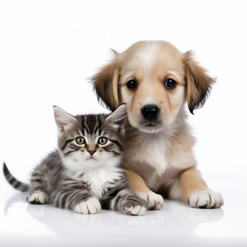 Lovely puppy and kitten playing together