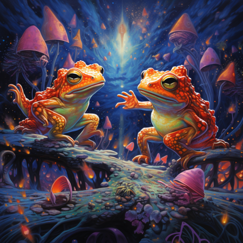 Cute toads dancing on psychedelic world