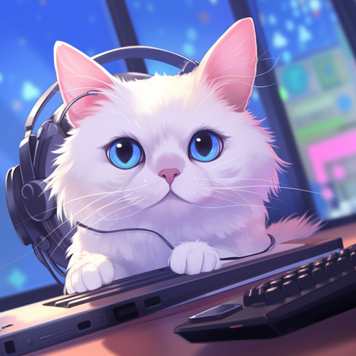 Cute white cat with blue eyes wearing headphones