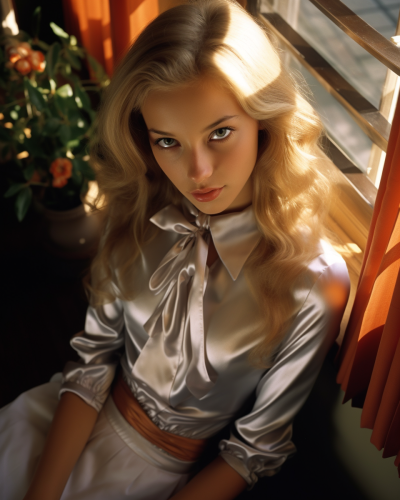 Young woman in cute satin mini skirt