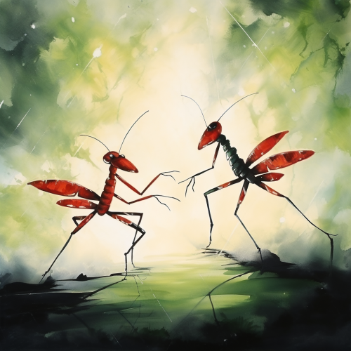 Cute mantis boxing in foggy morning