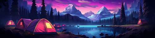 Futuristic cyberpunk camping scene with majestic mountains and neon trees