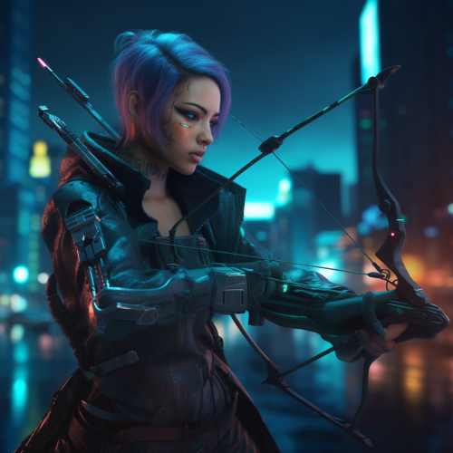 Cyberpunk female archer hunting in futuristic setting