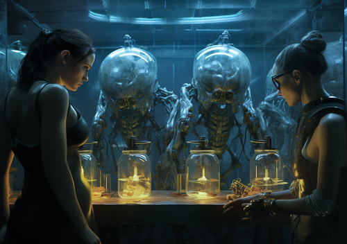 Cyberpunk laboratory human experiment with open skulls Cyberpunk laboratory human experiment with open skulls