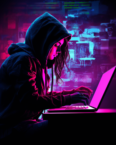 Neon cyberpunk laptop hologram of a female silhouette Neon cyberpunk laptop hologram of a female silhouette