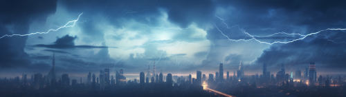 Panoramic view of cyberpunk megacity during thunderstorm Panoramic view of cyberpunk megacity during thunderstorm