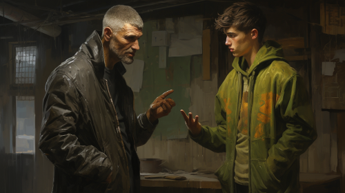 Cyberpunk street thug with old teacher-figure man