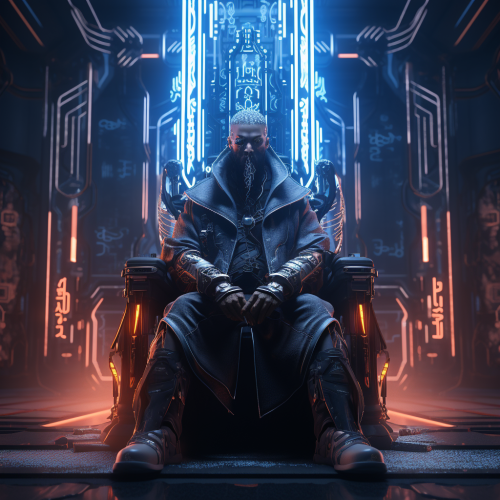 Cyberpunk bountyhunter on throne with neon lights Cyberpunk bountyhunter on throne with neon lights