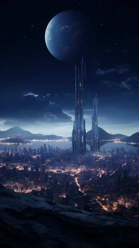 Cyberpunk city at night with clear skies