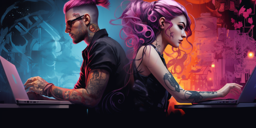 Cyberpunk manga girl with tattoos and man working on laptop