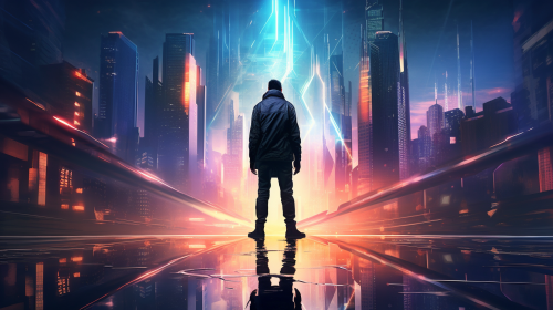 Lone male cyberpunk hacker figure in rain-soaked street