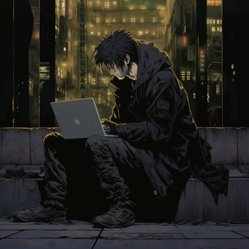 Cyberpunk hacker working on laptop Cyberpunk hacker working on laptop