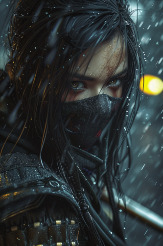 Cyberpunk Ninja Girl Rain Rebar Pose Katana