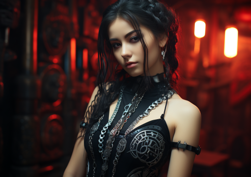 Cyberpunk woman with mechanical arm and tattoos