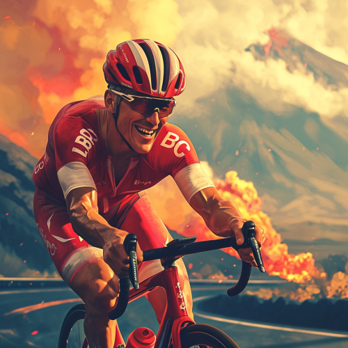 Cyclist on triathlon bike in red and white suit