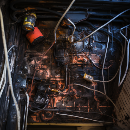 Damaged piping, electrical wires, sparks, leaks Damaged piping, electrical wires, sparks, leaks