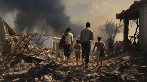 Family salvaging belongings from damaged home