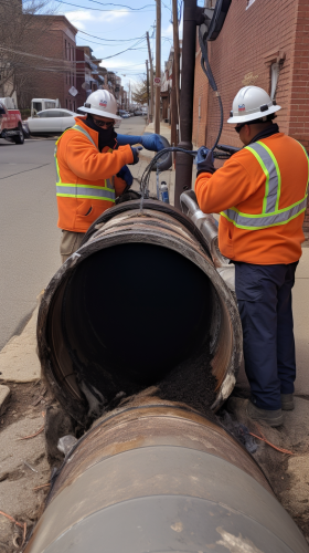 Two workers inspecting a damaged pipe