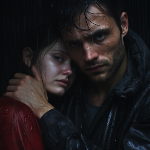 American woman couple in dark, wet horror scene